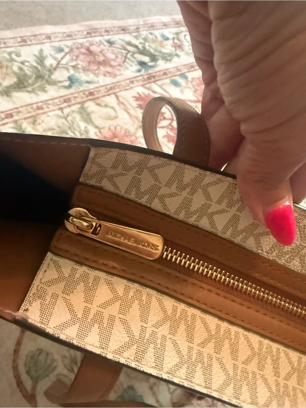 Michael Kors Beige Signature MK Logo Tote with Brown Leather Straps
